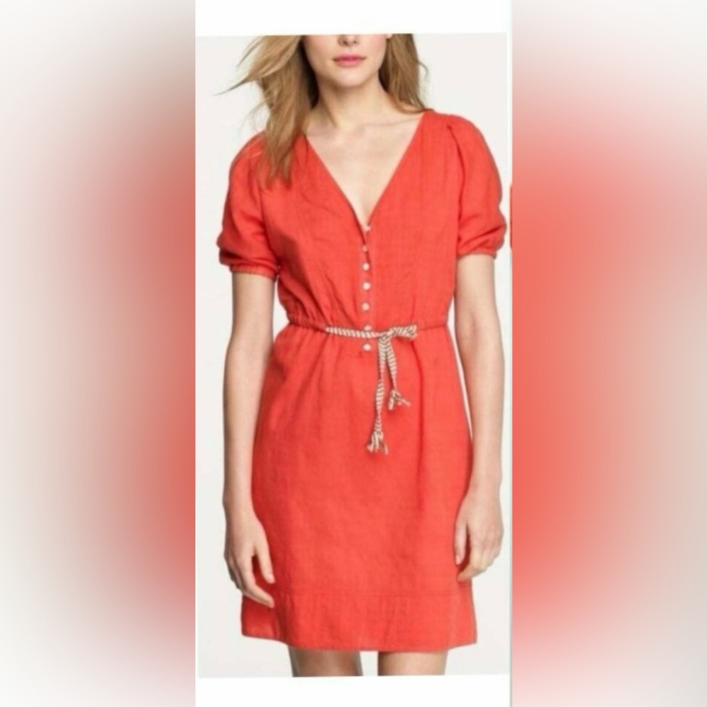 J Crew Coral / Red V-Neck Mini Dress 100% Cotton Rope Waist Tie Summer Size 4